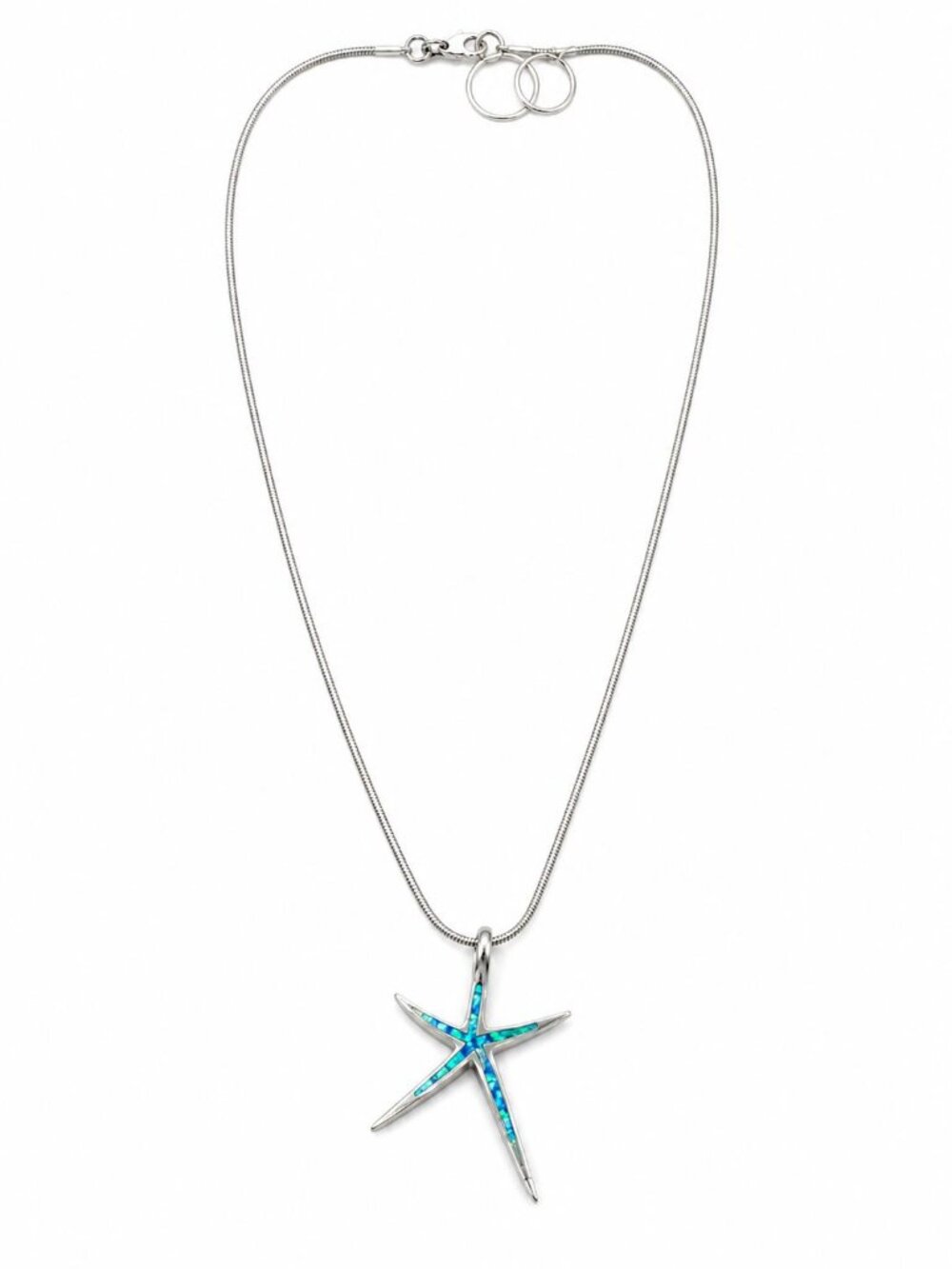 Sterling Silver Starfish Pendant Necklace with Blue Opal Inlay